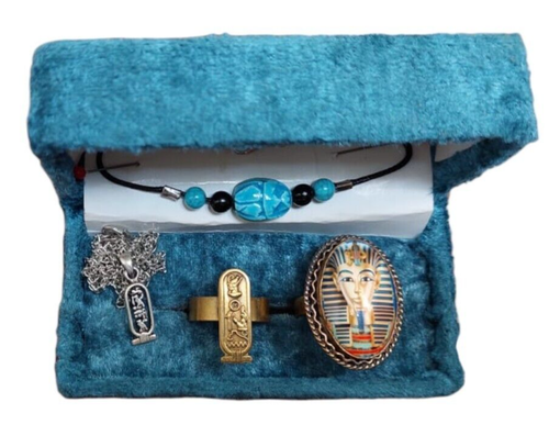4 PIECES ANTIQUE PHARAONIC STYLE JEWELRY, 2 RINGS+NECKLACE+BRACELET, BC EGYPTIAN - Picture 6 of 13