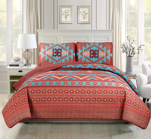 Western Southwestern Native American Quilt Set with Tribal Navajo Designs in Tur - Picture 2 of 2