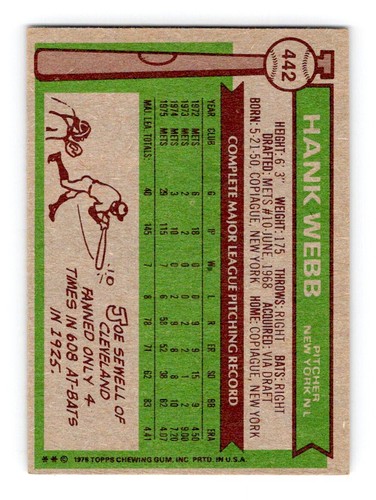 1976 Topps #442 Hank Webb New York Mets Ex+ - Picture 4 of 4