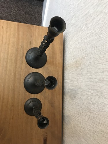 3 Ornate Twisted Spiral Dark Metal `Hints of Brass` Taper Candlesticks - Picture 3 of 7
