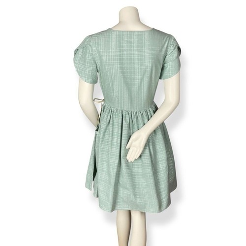 Handmade Wrap Dress Green Metallic Tulip Sleeves Twee Pockets Gathered Skirt - Picture 2 of 13