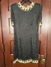VTG Laurence Kazar Dress Women's Large Black Silk Beaded Sequined Formal Lined