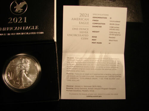 2021-W Uncirculated American Silver Eagle Type 2 w/ COA & US Mint Box 21EGN - Picture 2 of 3