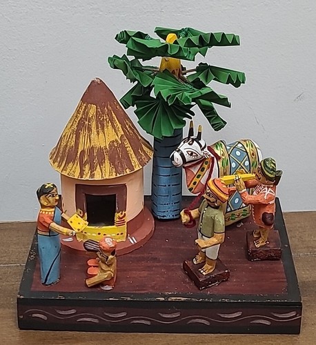 Vintage Kondapalli Handarbeit Indien Ambari Volkskunst Dorf Szene Menschen Hütte Stier
