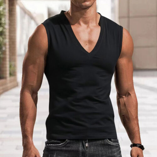 Mens Summer V Neck Vest Shirt Sports Workout Gym Training Bodybuilding Tank Tops - Picture 12 of 17