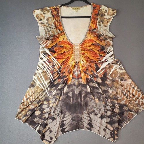 ONE WORLD Womens M Orange Butterfly Fairy Top V Neck Stretch Short Sleeve Tunic