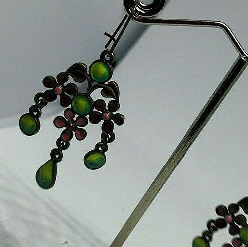 Vintage Dark Metal Flower Enamel Green Stone Long Drop Dangle Earrings 1980' - Picture 3 of 4