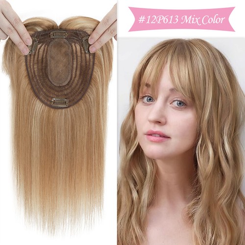 100% Remy Human Hair Topper Clip In Top Hairpiece Toupee Silk Base with Bangs - Picture 18 of 18