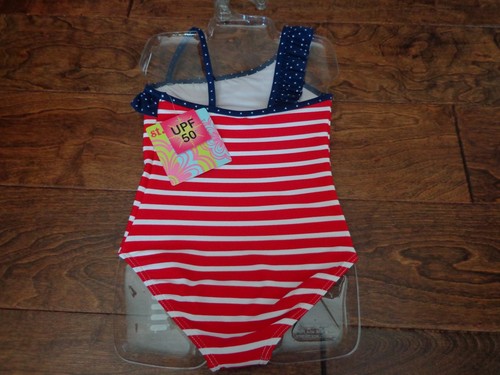 Traje de baño patriótico rojo/blanco/azul St. Tropez niñas nuevo con etiquetas talla 4 una pieza rojo/blanco/azul con volantes - Imagen 3 de 5