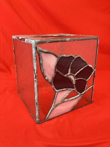 Vintage Leaded Stained Glass Tissue Box Cover / Pink Flower / Handmade 5” - Picture 4 of 10