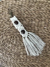Boho Style Macrame Woven Keychain Clip with Wooden Beads 100% Cotton Cord Pretty
