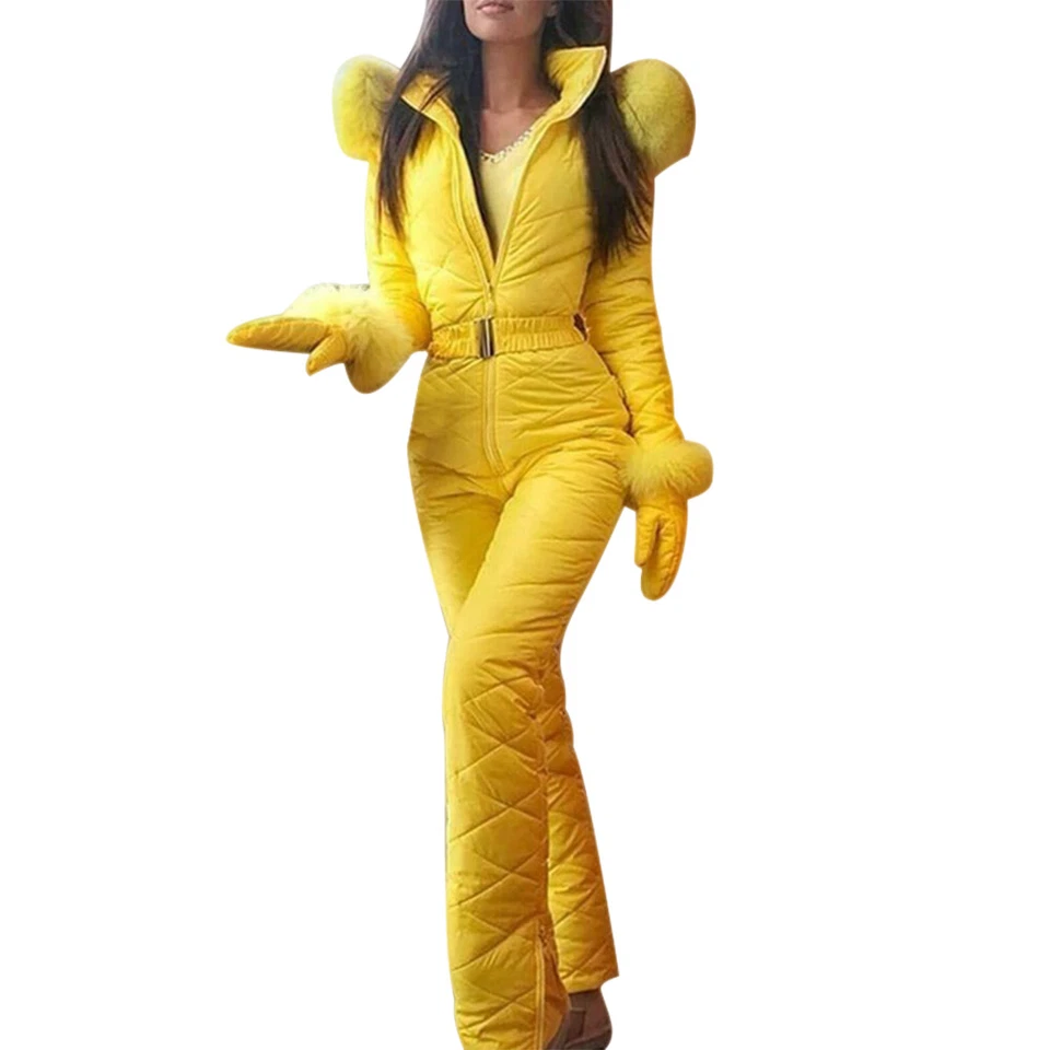 Women's Snowsuit One Piece Ski Suit Jumpsuits Fur Collar With Hood Ski Jackets - Image 4 of 4