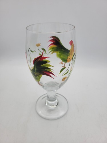 Hand Painted Footed ROOSTER Wine/Water Goblets - 16 Oz.  CUP GLASS stemmed - Picture 3 of 5