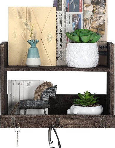 Bathroom Wall Shelf w/Hooks & Storage Shelves Rustic Toilet Organizer Towel Rack - Bild 7 von 11