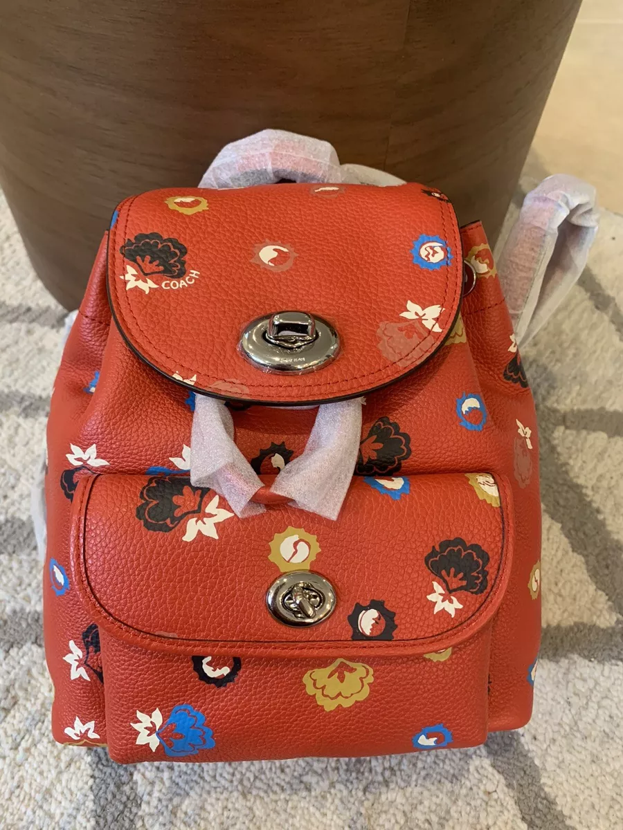 NWT COACH Mini Turnlock Rucksack Floral Print 37738 Backpack Carmine Red Leather