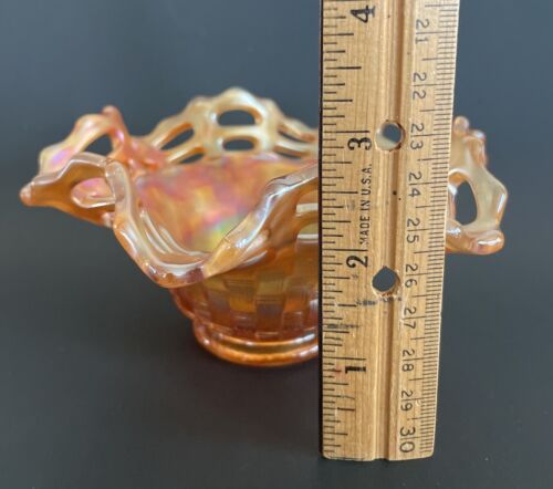 VTG Fenton 5 1/2" Carnival Glass Marigold Basket Weave Open Top Ruffle Edge - Picture 8 of 8