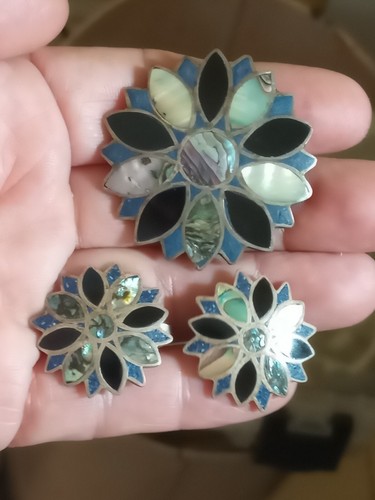 Vintage Taxco Mexiko LRM signierte Mosaik Ohrringe Pin Anhänger Set Lapis Onyx Abalone - Bild 3 von 13
