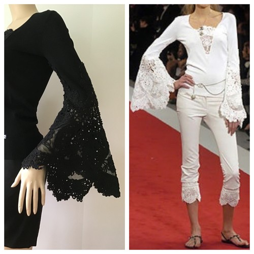 CHANEL Black Lace Crochet Extreme Bell Long Sleeve Stretchy Top (Size 36) - Bild 8 von 12