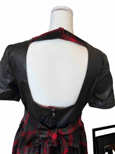 ASOS Red Plaid And Leather Pinafore Short Dress W/ Keyhole Back Size 8 NWOT - Picture 5 of 11