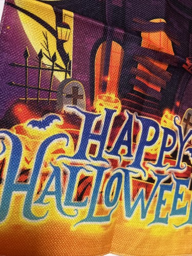 happy Halloween House garden flag burlap design on both sides Orange & Black - Picture 2 of 2