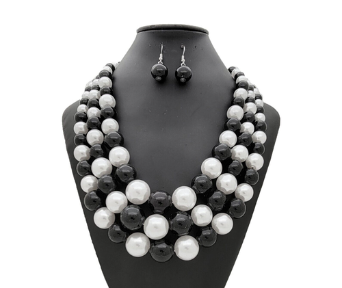 Women's 3 Layered Simulated Pearl Statement Necklace & Earring Set - Picture 21 of 40