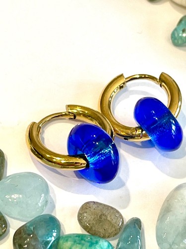 Mediterranean Cobalt Blue Glass Donut Gold Huggie Hoop Earrings
