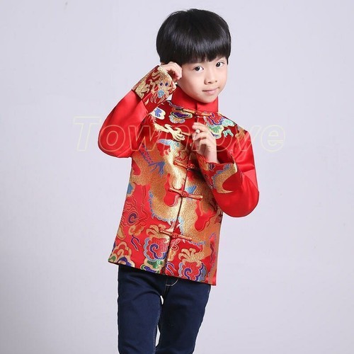 Chinese Tang Suit Red Clothing for Kids Boy Hanfu Top Dragon Print Party Stage - Picture 7 of 28