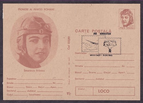 ROMANIA 50b SMARANDA BRAESCU POSTAL CARD AEROPHILATELY DAY CANCELLATION 1990 - Picture 1 of 2