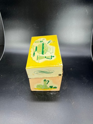 Caja de recetas clásica de la década de 1940 3 X 5" EE. UU. lata vacía metal amarillo verde rosa azul - Imagen 5 de 9
