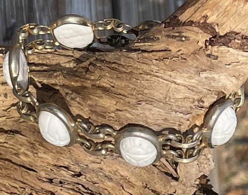 vintage white scarab bracelet 7 x 3/4 spring ring Egyptian bug