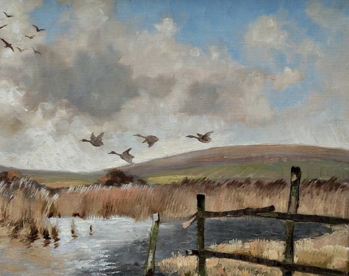 JOHAN JACOBSEN (1883-1953) - Paisaje rural con patos en el pantano, óleo - Imagen 4 de 7