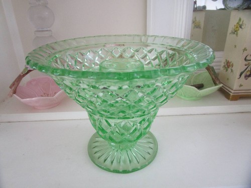 LARGE FLARED CROWN CRYSTAL GREEN DEPRESSION GLASS VASE WITH FLOWER FROG INSERT - Picture 1 of 11