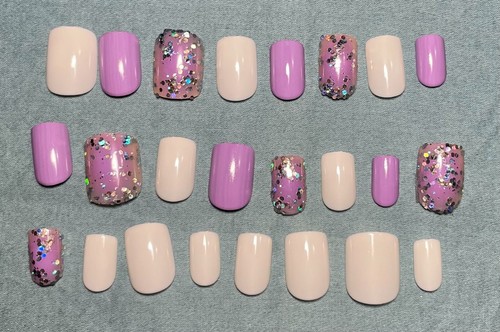 24pcs S Squoval Purple White Glitter Fake Nail False Nails Press On Nails Glue - Picture 3 of 8