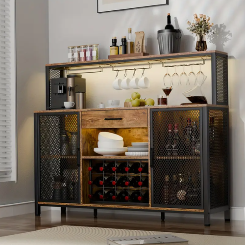 Großer Bauern Bar Schrank LED Weinregal Glashalter Schublade Modern Sideboard - Bild 4 von 9