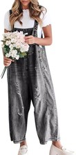 Women  s Distressed Denim Bib Overalls Adjustable Strap Wide Leg Loose Fit