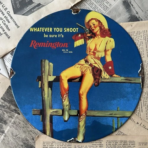 VINTAGE 1958 REMINGTON FIREARMS HUNTING 12 INCH PORCELAIN ENAMEL SIGN