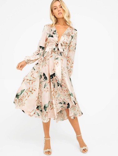 SHEIKE Dress Size AU 14 /US 10 Pink Lily Floral Satin Midi Asym Long Sleeve - Picture 5 of 24