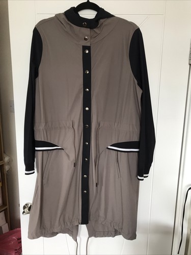 Ladies NAYA Parka Style Coat In Non Crease Travel Fabric Taupe/Black Sz 2 See📷