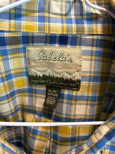 Cabela's Shirt Men's XL Plaid Short Sleeve Pockets Button Up Blue Yellow Plaid - Picture 2 of 6