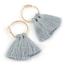 Trendy Light Grey Cotton Tassel Gold Tone Hoop Earrings - 65mm Long