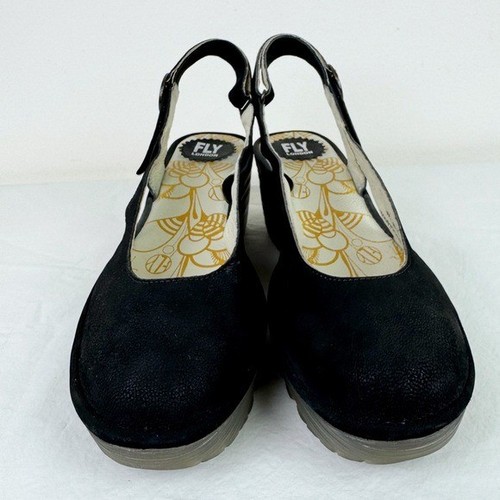 Fly London Ylux Black Leather Wedge Sandal - Picture 2 of 9