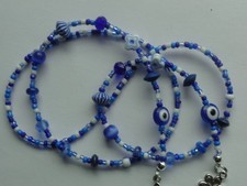 BLUE TONES GLASS SEED BEADS EVIL EYE EYEGLASS CHAIN HOLDER  LOBSTER CLASPS