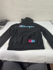 Champion Reverse Weave Hoodie Chenille Embossed Black W/Pink Blue Logo M 0057