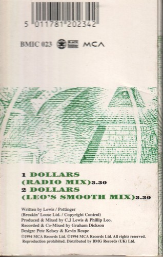 Cj Lewis Dollars cassette UK MCA 1994 cassette single in card outer slip case - Picture 2 of 2