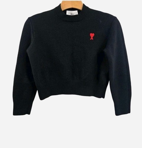 AMI PARIS Sweater Size Small Black Ami de Cœur Cropped Merino Wool Red Heart