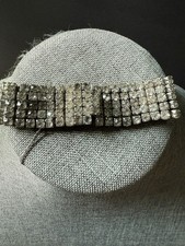 Vintage Five Row Prong Setting Clear Rhinestone Wide Bangle Bracelet Silver Tone