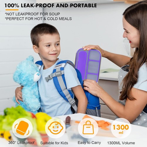 Bento Box, Lunch Box Kids, 1300ML with 4 Compartment&Food Picks Cake Purple - Picture 6 of 7