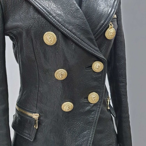 BALMAIN Black Grained Leather Double-Breasted Jacket Sz.38 - Picture 7 of 10
