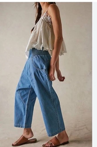 We The Free People Lunan Pull On Haremshose Damen L blau Denim Crop Barrel - Bild 1 von 8