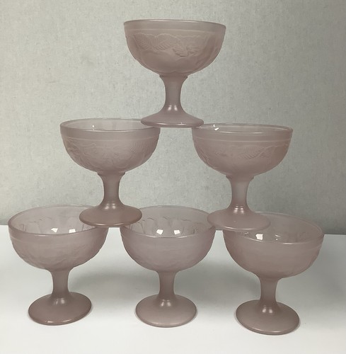 Vintage Pink Frosted Glass Sundae Dishes Pedestal Bowls Set of 6 French - Picture 1 of 8